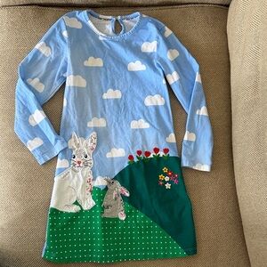 Mini Boden Light Blue, White, Green Bunny Appliqué Dress
